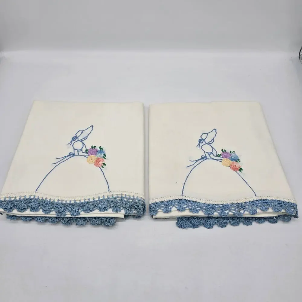 Vintage Hand-Embroidered & Lace Trim Pillowcases White Cottagecore 15.5 x 21.25
